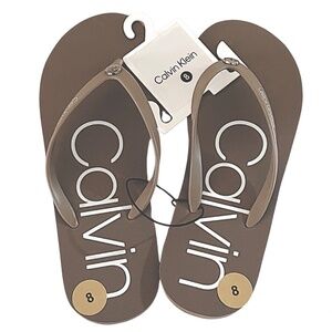 Calvin Klein Logo Flip Flops Brown Taupe Neutral Sandals Women’s Size 8 NWT